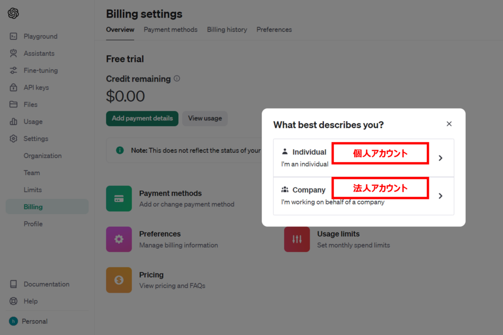 OpenAI API利用料の支払い情報の登録（Individual / Company）