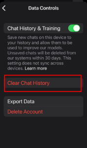 【スマホでChatGPTチャット履歴まとめて削除】Step4 「Data Controls」画面で「Clear Chat History」を押す