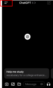 【スマホでChatGPTチャット履歴を1件だけ削除】Step1 スマホアプリを開いて左上のメニュー(2本線)を押す