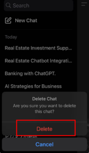 【スマホでChatGPTチャット履歴を1件だけ削除】Step4 確認画面でもう一度「Delete」を押す