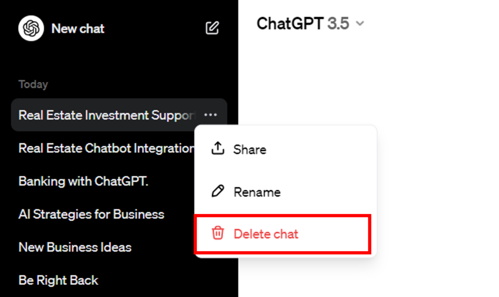 【PCでChatGPTチャット履歴を1件だけ削除】Step2 「Delete chat」を左クリック