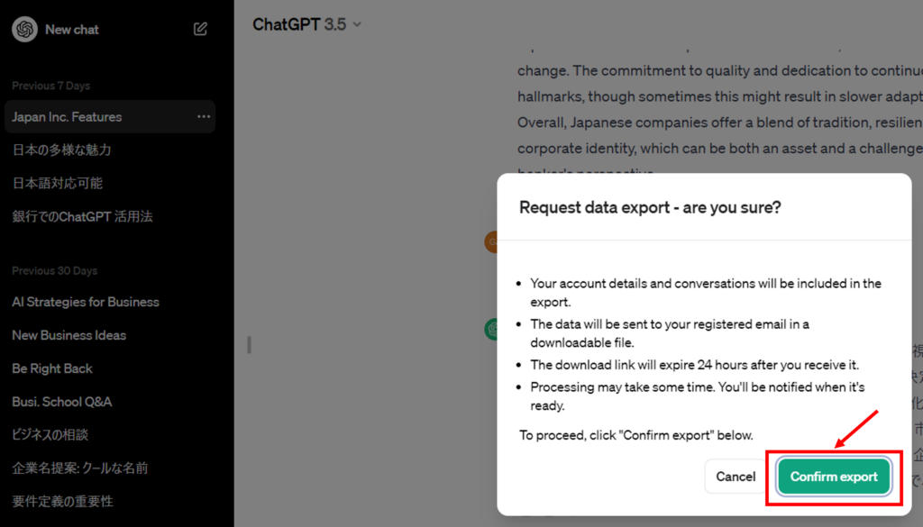 Step4 ChatGPTの公式機能「Export data」で保存する方法